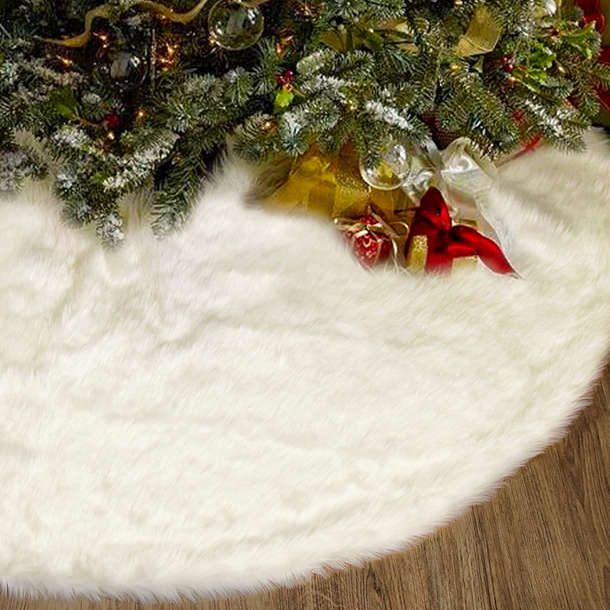 View 1 of yosager 32 Inch Christmas Tree Skirt Faux Fur Tree Mat for Christmas Holiday Party Decoration, White