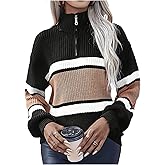 WDIRARA Women's Color Block Quarter Zip Sweaters Mock Neck Long Sleeve Pullover Knit Tops