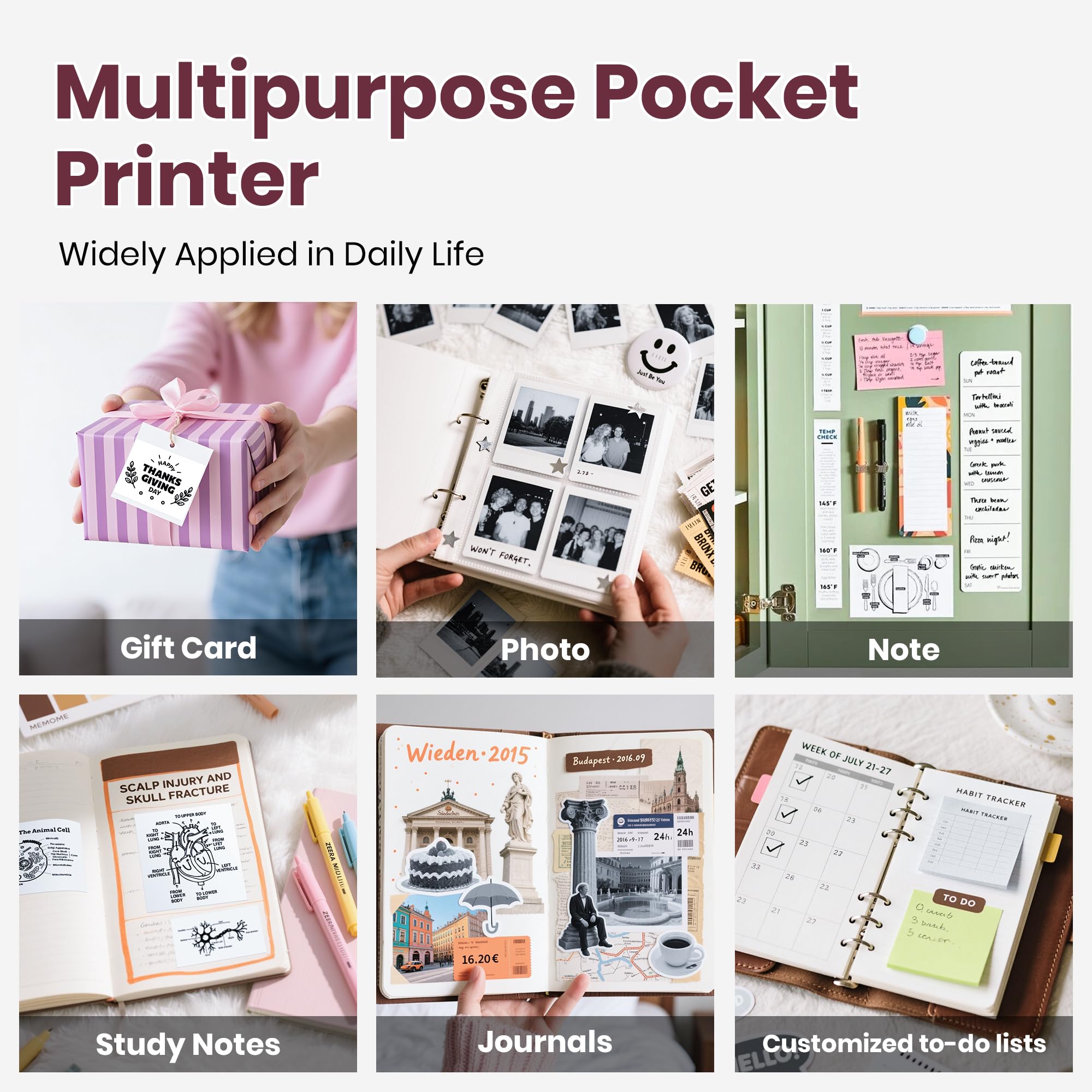 Sticker Printer, PM290C Portable Mini Printer, Inkless Bluetooth Sticker Maker with 3 Rolls Paper, Impresora Portátil for Notes, Journal, DIY, Gift, Print Pod for School/Office/Christmas, Pink