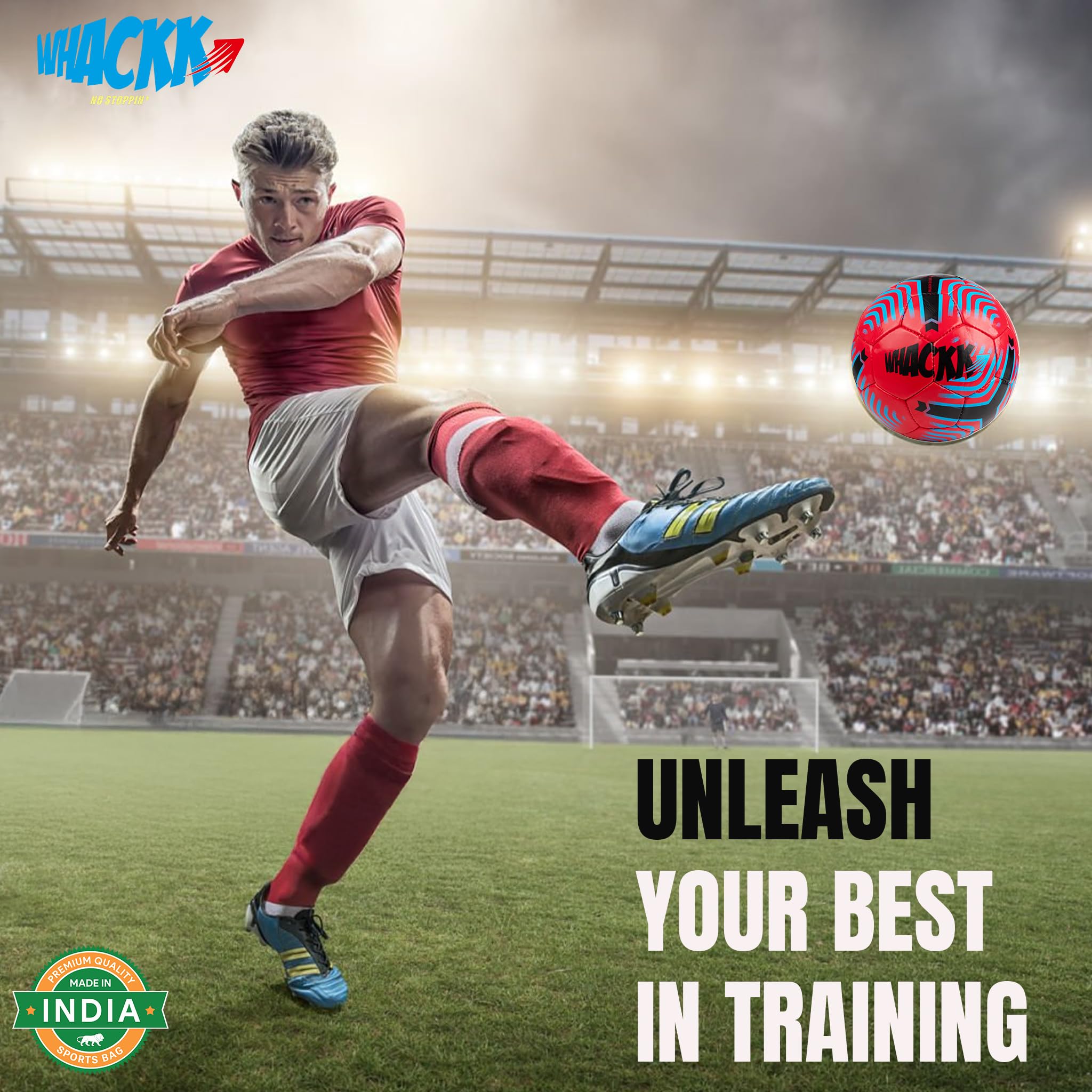 WHACKK Football Soccer Ball Hand Stitched for Practice & Training - Original PVC Waterproof. 3 Layered Ideal Sports Ball for All Ages on Ground, Grass and Turf (Size 5, Red) 4