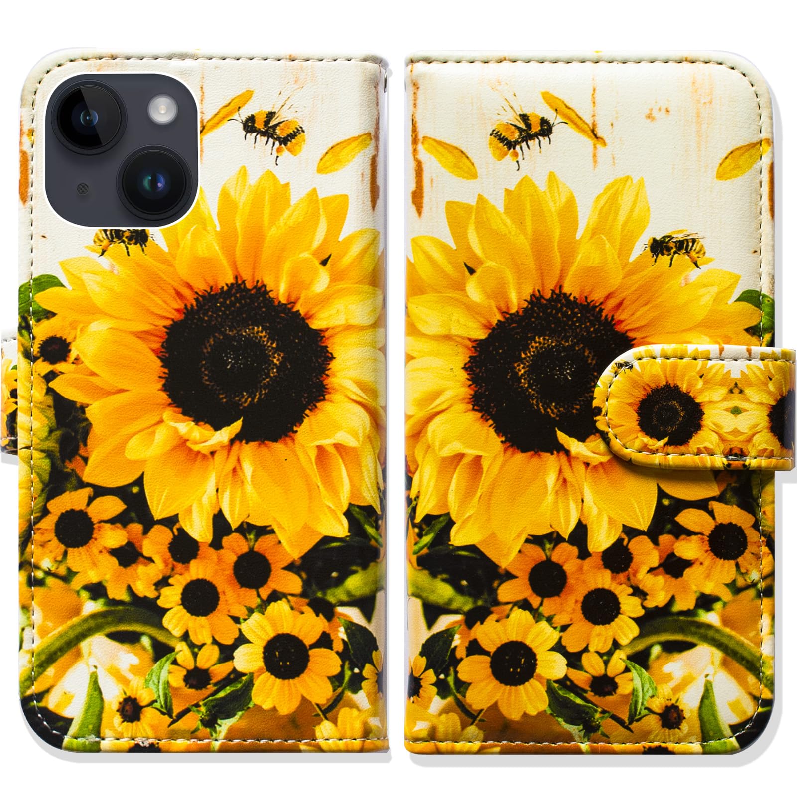 Bcov iPhone 15 Plus Case,Sunflower Bee Leather Flip Phone Case Wallet Cover with Card Slot Holder Kickstand For iPhone 15 Plus