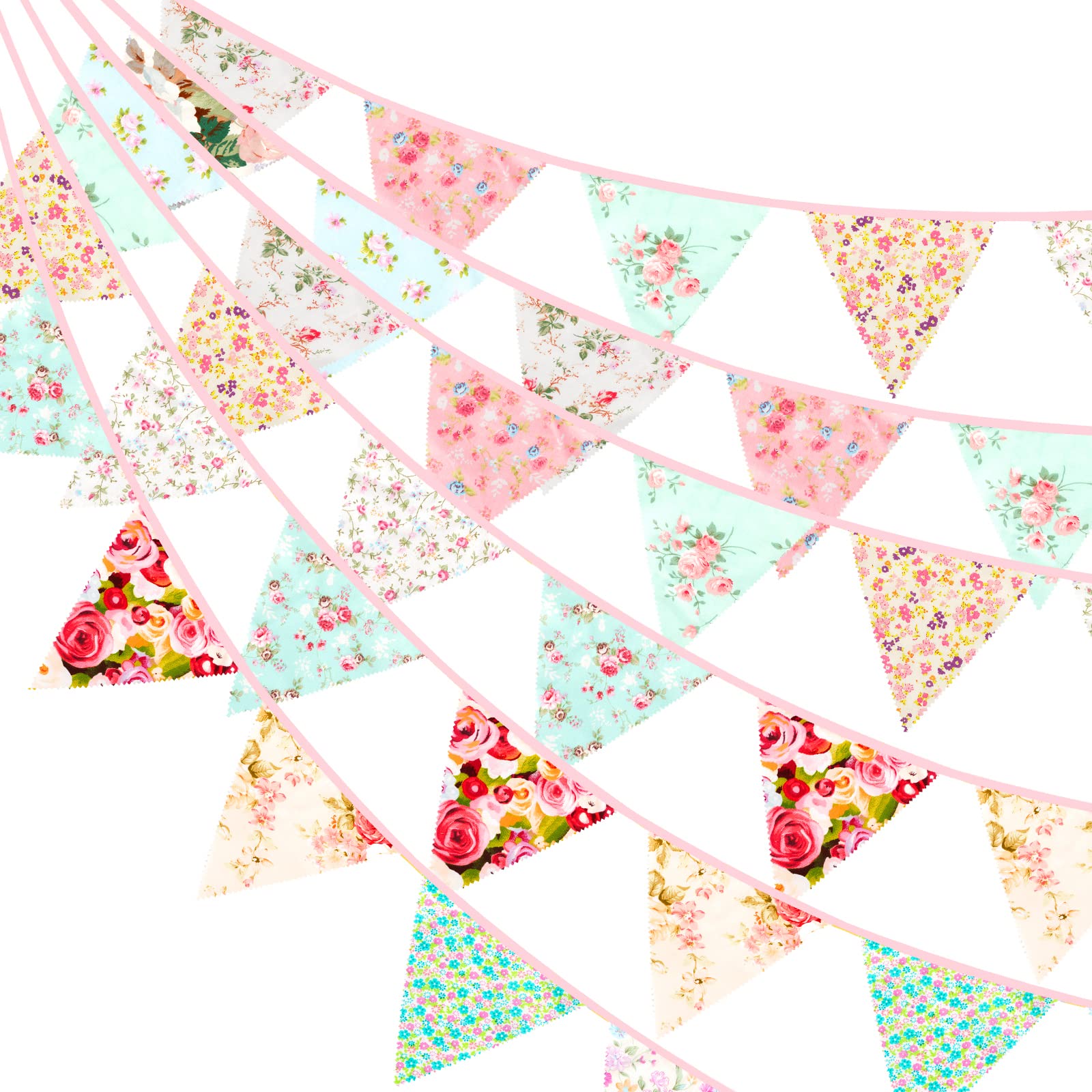 G2PLUS 12M Floral Fabric Bunting Banner, 19x21CM Large Reusable Cotton Triangle Flag Garland with 42PCS Decoration Floral Pennants for Garden Tea Wedding Baby Shower Birthday Parties-Pink and Green — image 1