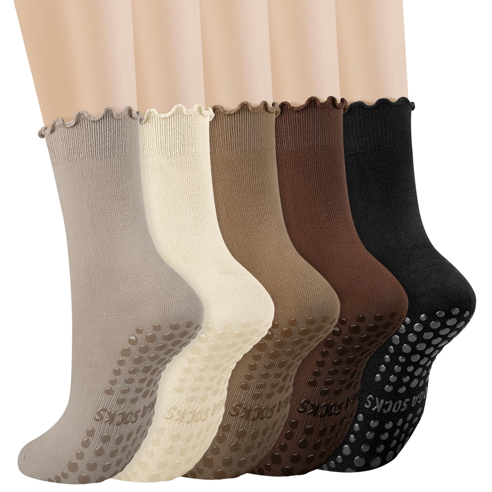 Photo 1 of Ludaro 5 Pairs Ruffle Pilates Yoga Socks with Grips for Women, Cute Cotton Frilly Cuff Non Slip Grippy Athletic Crew Socks for Pilates, Yoga, Ballet, Barre, Dance, Hospital