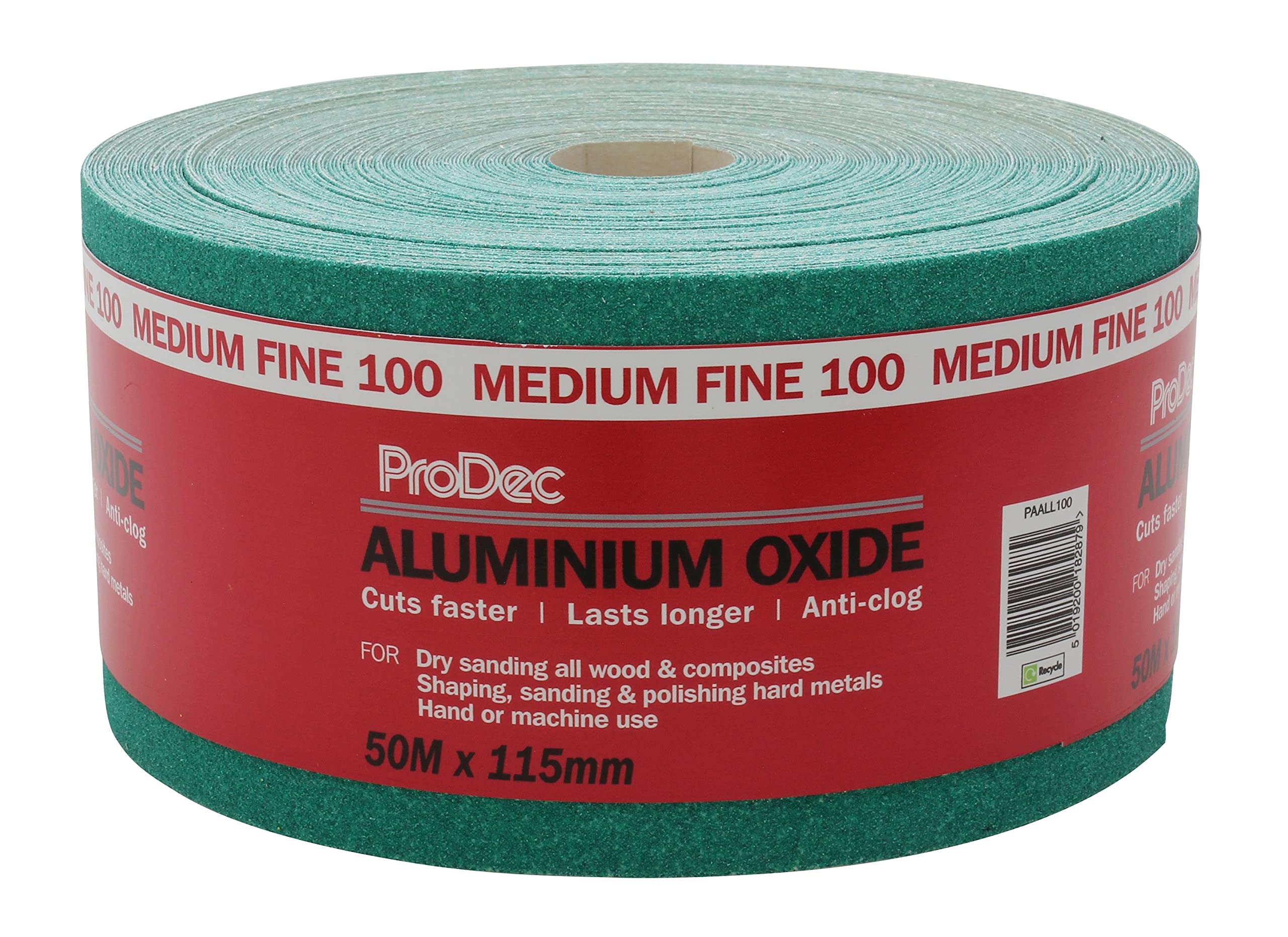 ProDec 50m Roll 100 Grit Medium-Fine Grade Green Aluminium Oxide Abrasive Sanding Paper for Sanding Wood, Paint, Plaster, Filler, Metal and More, 115mm Wide Sandpaper Compatible with Machine Sanders