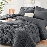 HYMOKEGE Oversized King Comforter Set Seersucker 7 Pieces, All Season Luxury Bed in a Bag for Bedroom, Bedding Set with Comforter, Sheets, Pillowcases & Shams, Dark Grey