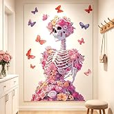 Floral Flower Skeleton Wall Decals, Gothic Skull Butterfly Wall Stickers | Artistic flower gothic skull peel and stick wall decor, butterflies boho aesthetic wall art mural for bedroom living room