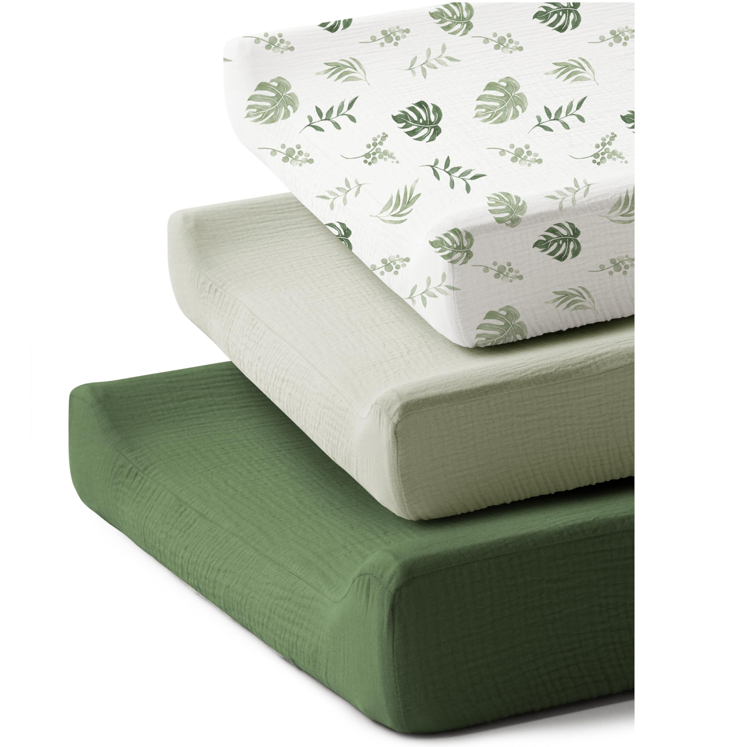 Photo 1 of Coreeky 3 Pack Muslin Changing Pad Covers for Girl, Boy, 100% Soft Cotton Changing Table Cover, Breathable Baby Nursery Diaper Chang Pad Sheets (Leaf)