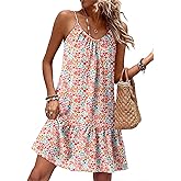 Dokotoo Summer Dresses for Women 2026 Spaghetti Strap Sexy Deep V Neck Smocked Ruffle Flowy Boho Dresses