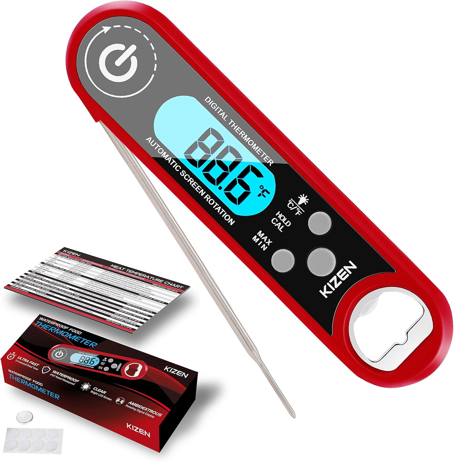Kizen IP100 Instant Read Meat Thermometer - Waterproof Ambidextrous Thermometer with Backlight & Calibration. Digital Food Thermometer for Kitchen, Outdoor Cooking, BBQ, and Grill! (Red): Industrial & Scientific