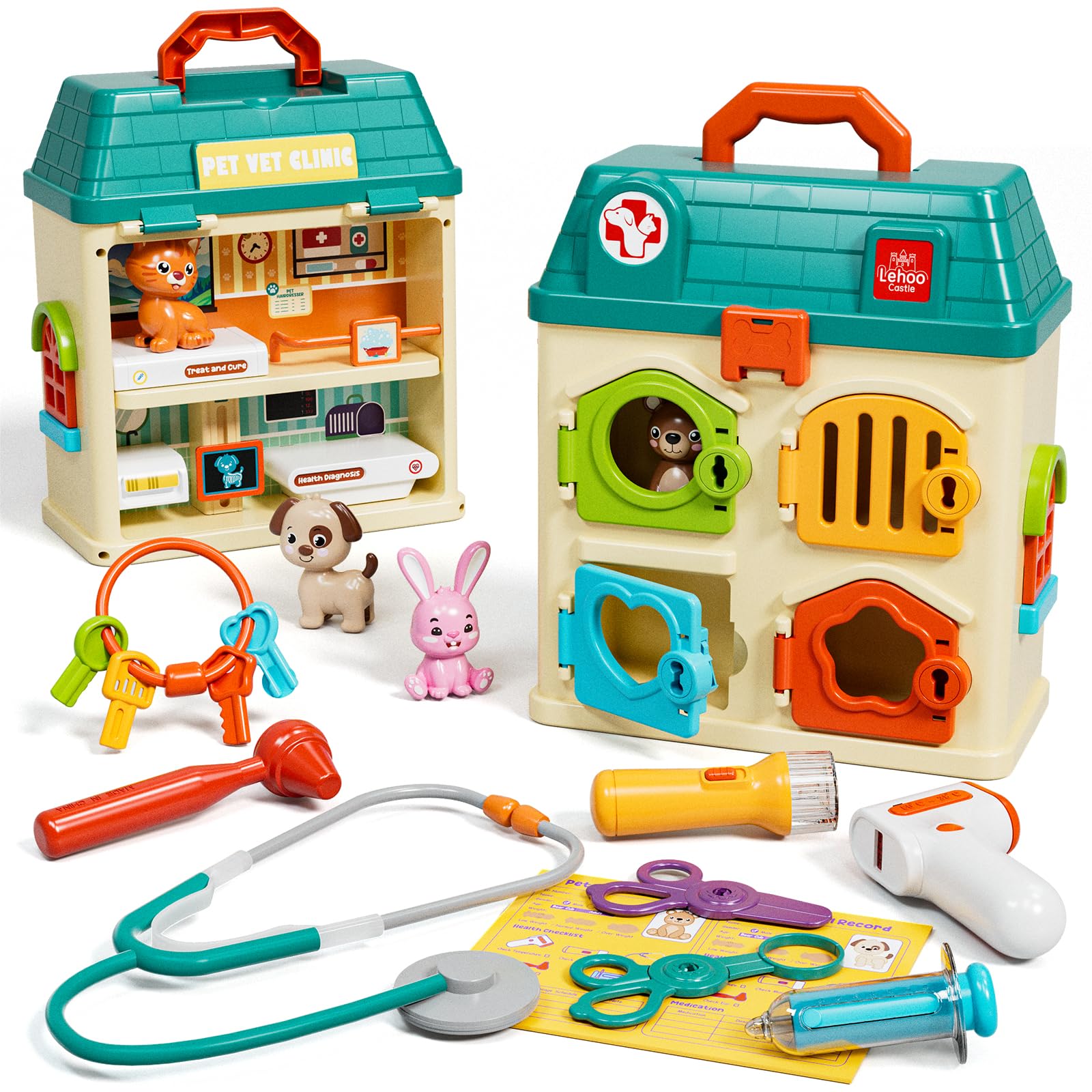 Lehoo Castle Veterinarian Playset for Kids, Pet Vet Toys Doctor Kit for Toddlers 3-5, Critter Clinic Toy with Keys, Pet Care Playset Hospital, Pretend Play Toy for Toddlers 1-3