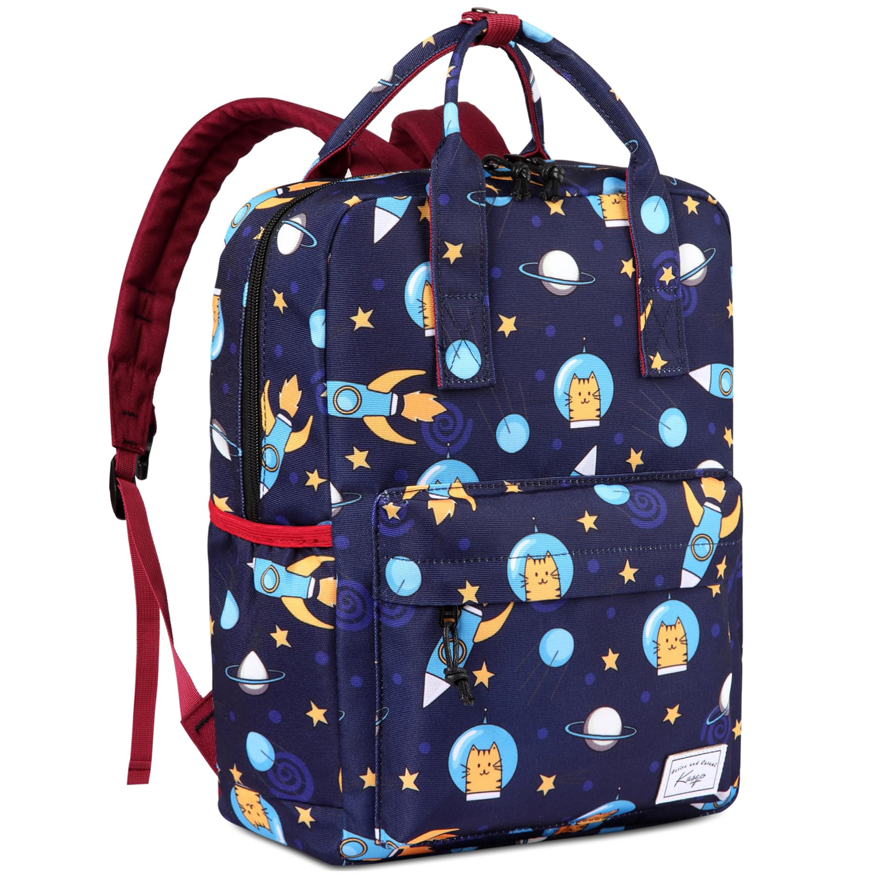 Kasgo Kids School Backpack, 14.6 Inch Lightweight Water-Resistant Primary Preschool Bag for Toddler Boys Girls Ages 5-8, Fits A4 Folder, with Chest Strap & Name Tag, Cat Astronaut