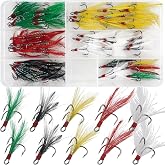 Fishing Treble Hooks Kit 50pcs Feather Dressed High Carbon Steel Triple Barbed Hooks Strong Sharp Round Bend for Catfish Trout Hard Baits Lures Freshwater Saltwater Fishing