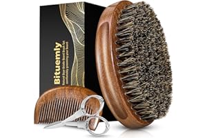 Bituemly Beard Brush, Natural Boar Bristles Beard Brush for Men and Wooden Sandalwood Pocket Beard Comb Set, Facial Hair Grooming Kit with Mustache Scissors as a Styling Tool, Growth, Detangles, Shine