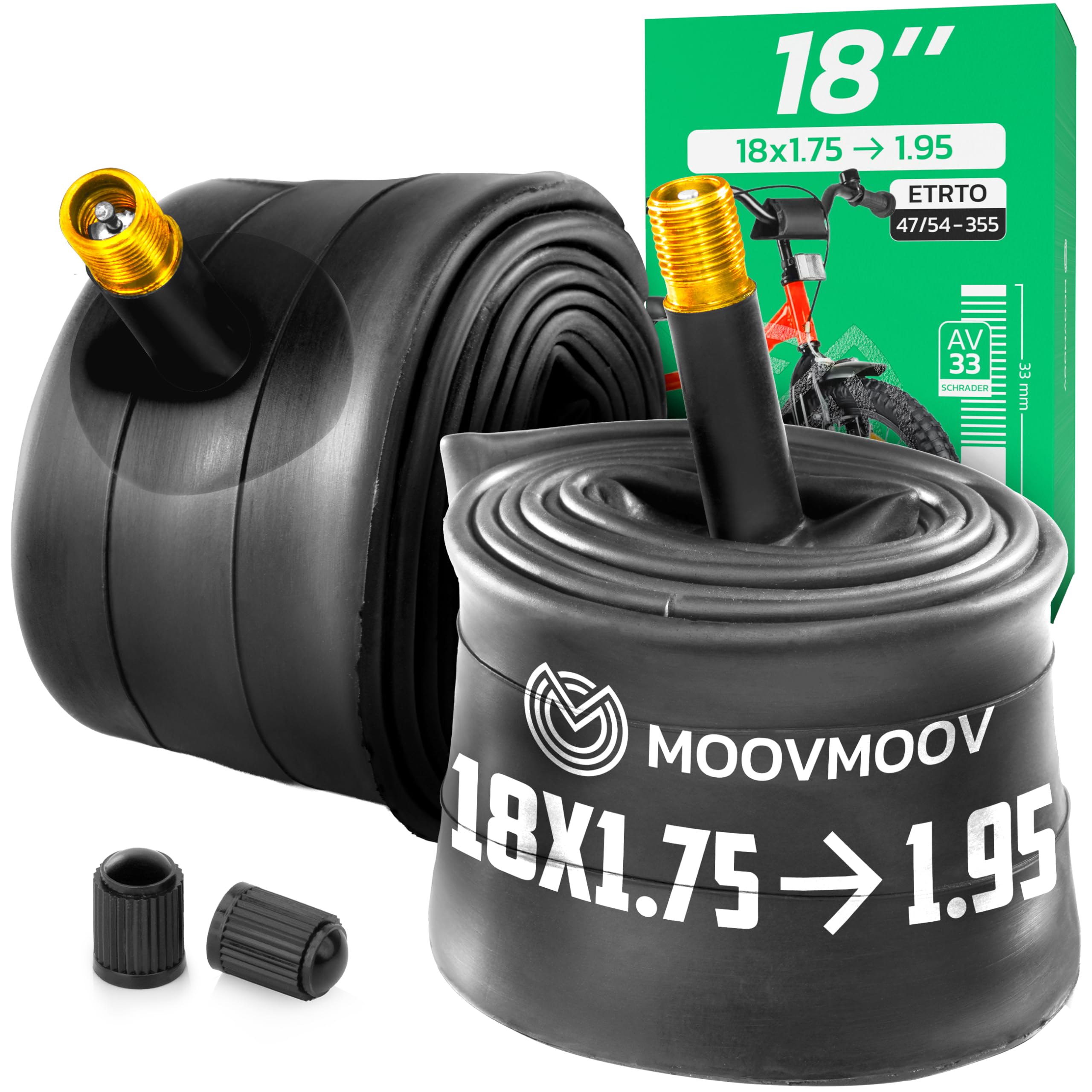 MOOVMOOV 18 Inch Inner Tubes - Compatible with 18x1.75, 18x1.85, 18x1.90 and 18x1.95 Tyres (ETRTO 47-355 to 50-355) - Schrader Valve - Pack of 2 - Bikes & More