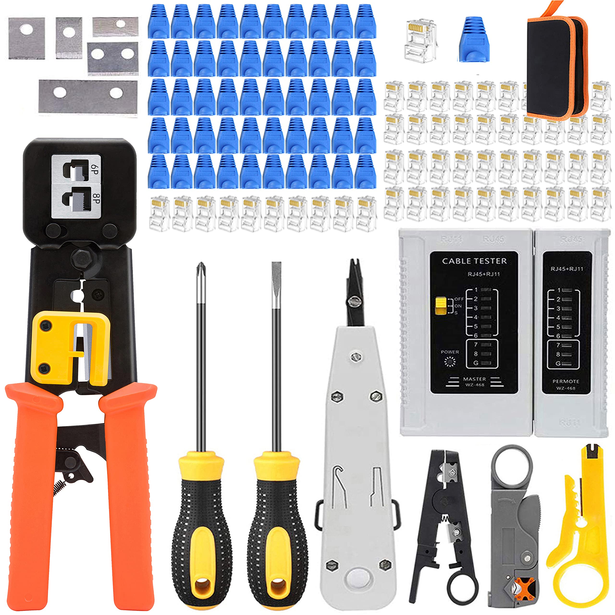 MAYLINE RJ45 Crimp Tool Cable Tester CAT5 CAT6 Crimping Cutter Tool for RJ45/RJ12 Regular Pass Through Crimper Connectors&Covers with Network Ethernet LAN Wire Stripper (Yellow)