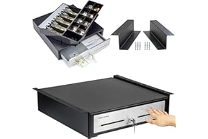 VOLCORA Manual Push Open Cash Register Drawer with Under Counter Mounting Metal Bracket - 16" Black/Stainless Steel Front Cash Drawer for POS, Partial Removable 5 Bill 8 Coin Tray, Key Lock, Media Slots