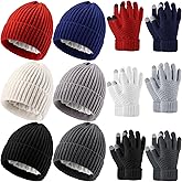 12 Pcs Women Beanie Hat Gloves Set Stain Lined Hats Fleece Hats Touchscreen Gloves Knit Mittens for Men Adult Cold Weather