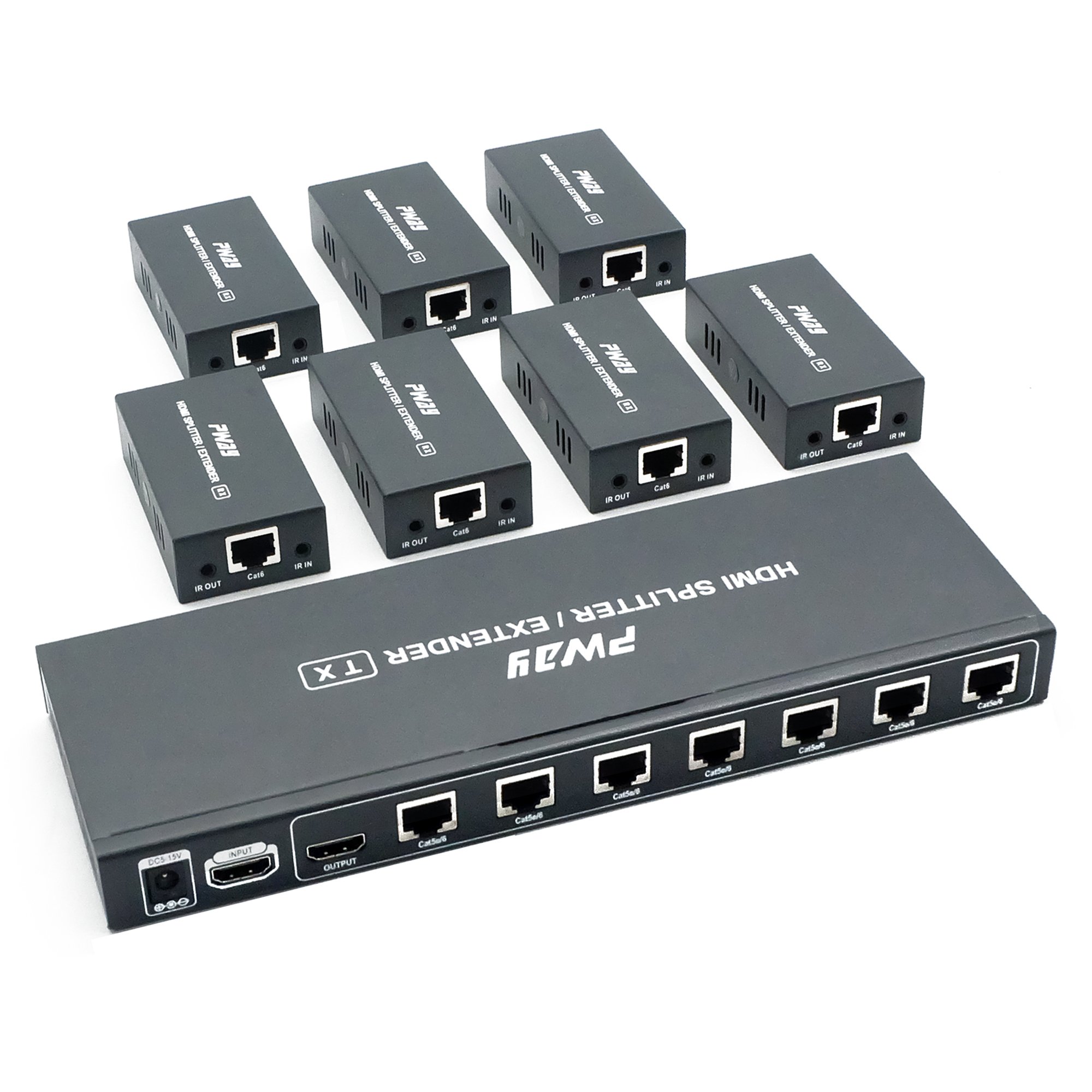 PW-HTS0107IR(POC) HDMI Splitter Extender 1X7 Port Over Cat5e/Cat6 Ethernet Cable With IR Remote Control No delay Up to 60m(196ft) and Resolution Up to 1080P