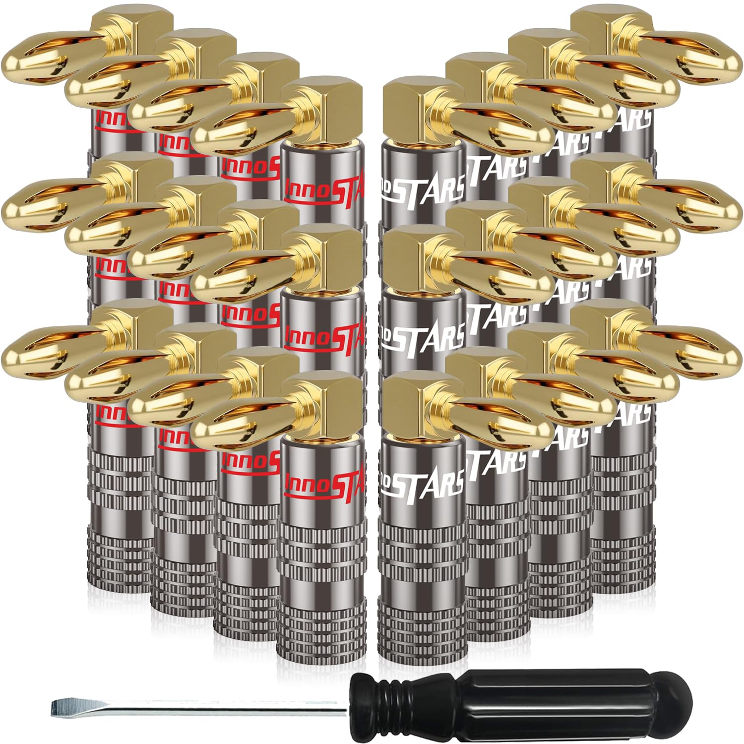 Photo 1 of InnoStars Right Angle Banana Plugs for Speaker Wire (12 Pairs, 24 Pcs), 90 Degree Pin Plug Type, Bullet Pin Speaker Banana Jack Terminals, Support 12 AWG to 20 AWG Wires