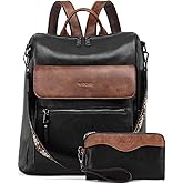 VASCHY Backpack Purse for Women, Large Vegan Leather Backpack Purse with Wallet Pouch Set Convertible Handbag for Ladies Guitar Strap Black and Brown
