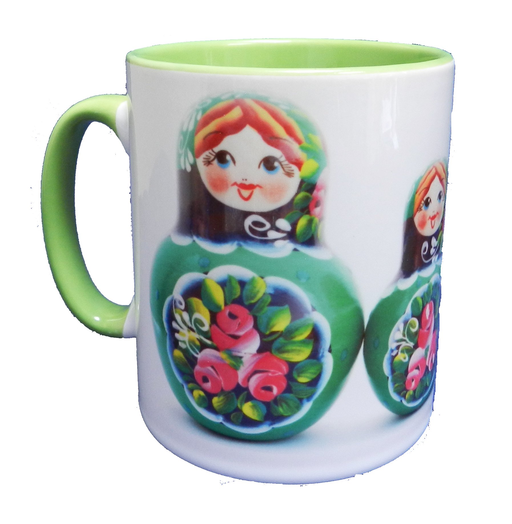 Half a Donkey Green Russian Doll (Matryoshka) Ceramic Mug with Green Glazed Handle and Inner 245ml