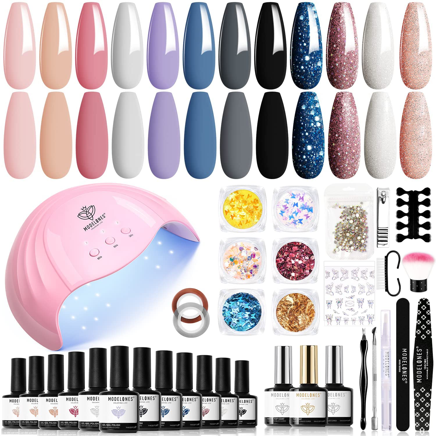 Modelones Gel Nail Kit - 12 Colors Pink White Black Gel Nail Polish Kit with 48W Lamp Starter Kit, Glossy & Matte Top and Base Coat, Manicure Tools for Beginner DIY at Home