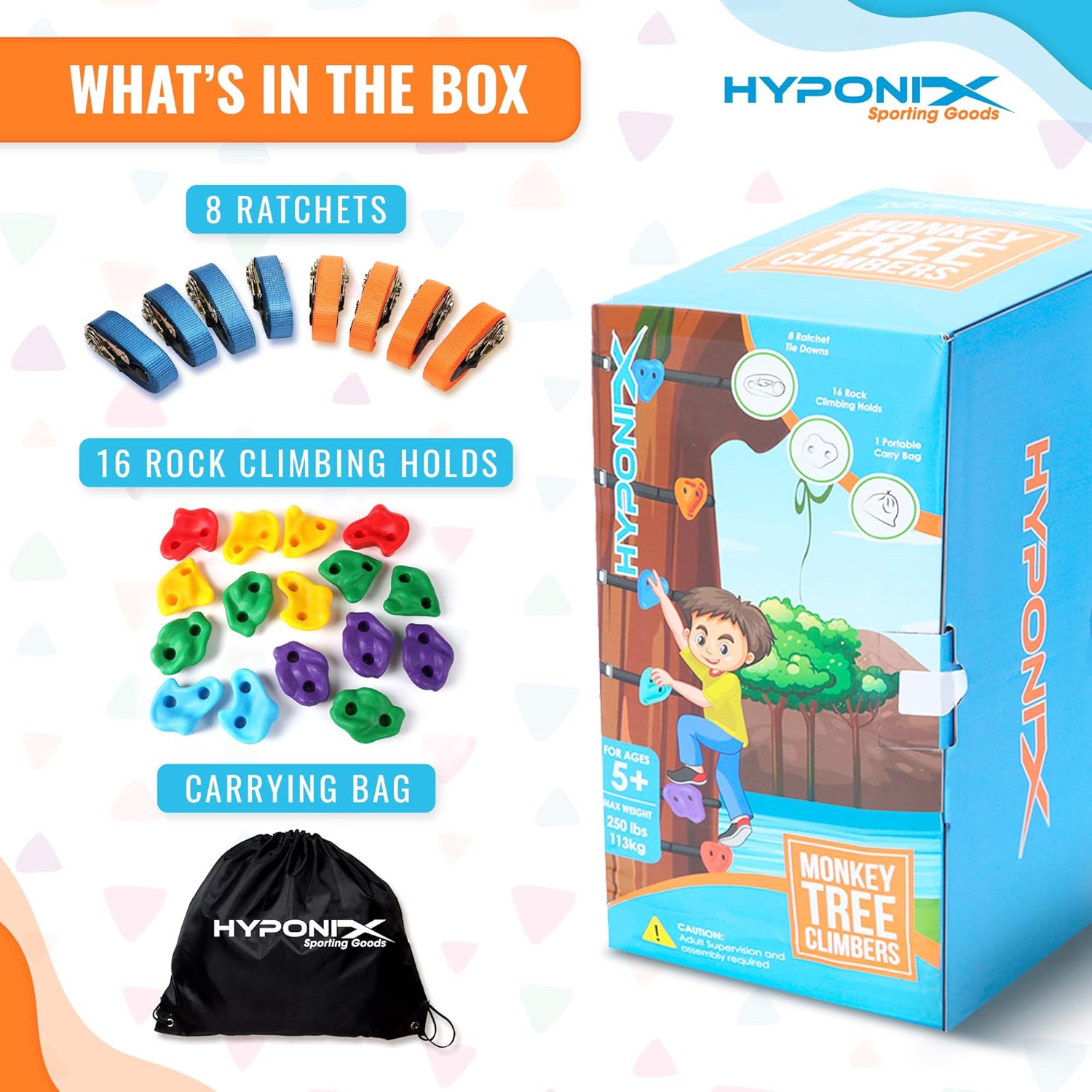 Hyponix 16 Tree Climbing Kit - 16 Rock Climbing Holds, 8 Ratchets - Tree Climbing Holds - Tree Climbing Kids - Ninja Warrior Obstacle Course for Kids - Tree Climber - Outdoor Play Equipment for Kids: Toys & Games