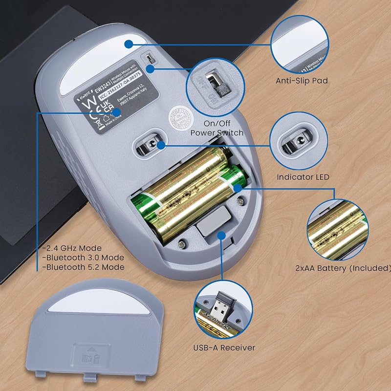 Mouse Wireless 2.4GHz con Tasti Silenziosi e Adattatore USB-C – EW3204