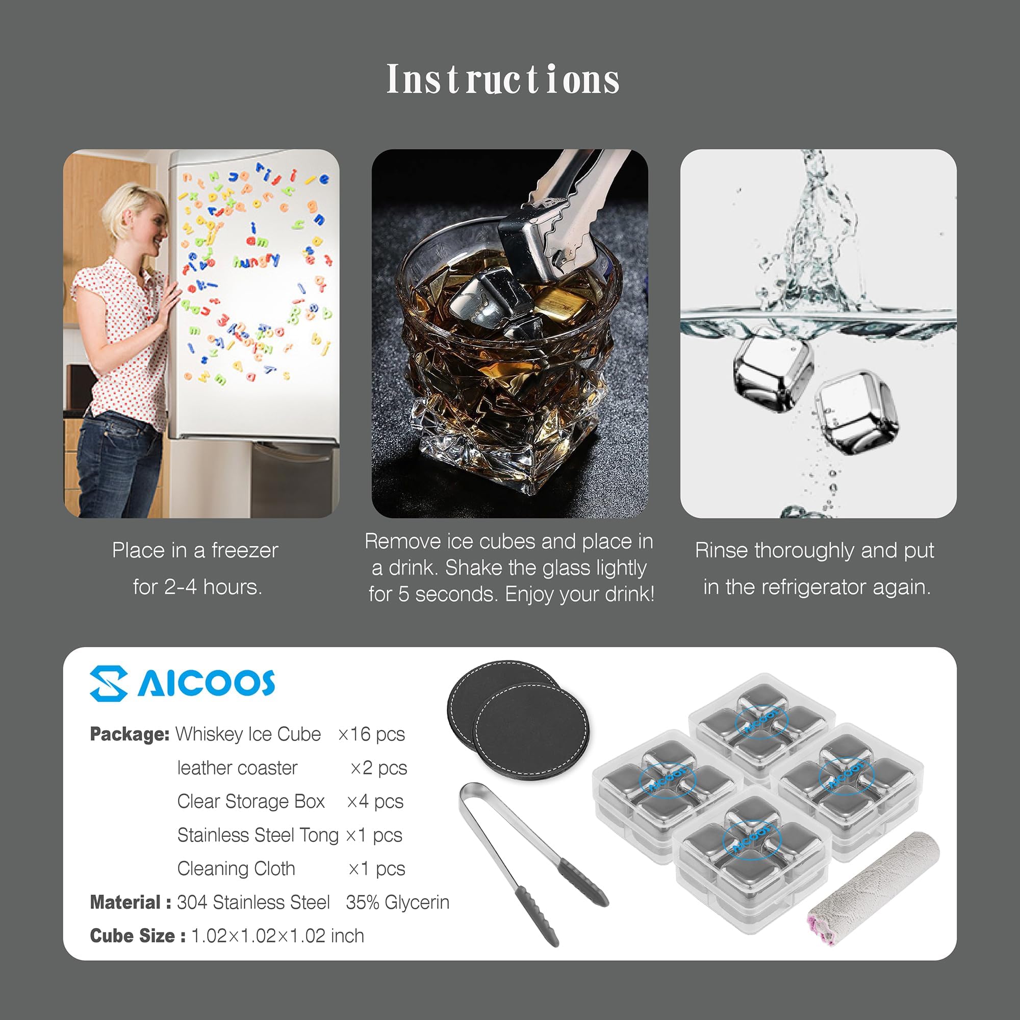 16 Pack Reusable Stainless Steel Ice Cubes for Drinks - Metal Whiskey Stones, High Cooling Technology, for Whiskey, Vodka, Liqueurs, Wine, Beverage Juice or Soda, Pack of 16