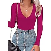 SAUNGKUAI Women's Plunge Deep V Neck Long Sleeve Bodysuit Double Lined Thong Body Suit Shirt Tops