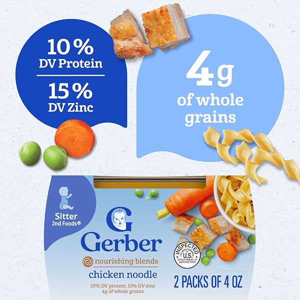 GERBER BABY FOOD 2ND FOODS, DINNER, CHICKEN NOODLE PUREE, 4 OUNCE TUBS, (PACK OF 8)