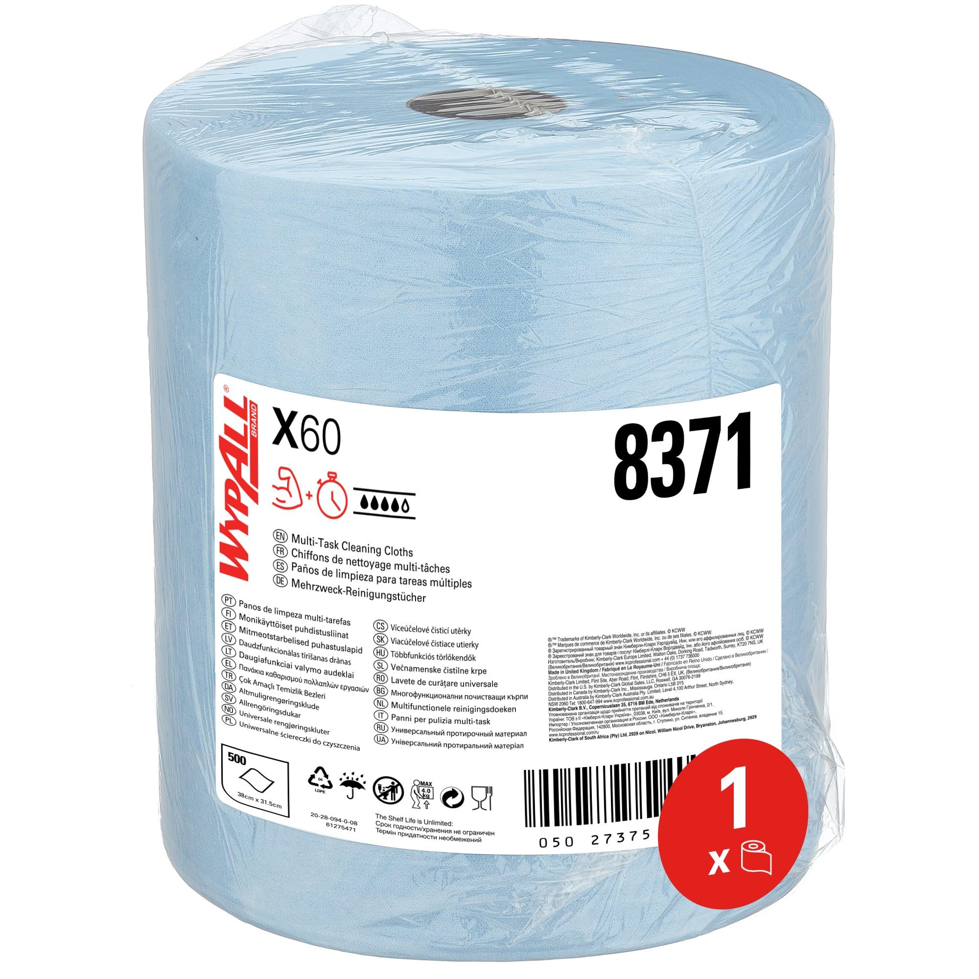 WypAll X60 General Clean Large Roll Cloths 8371 - Blue Cleaning Cloths - 1 Large Blue Roll x 500 Blue, 1 Ply Cleaning Cloths