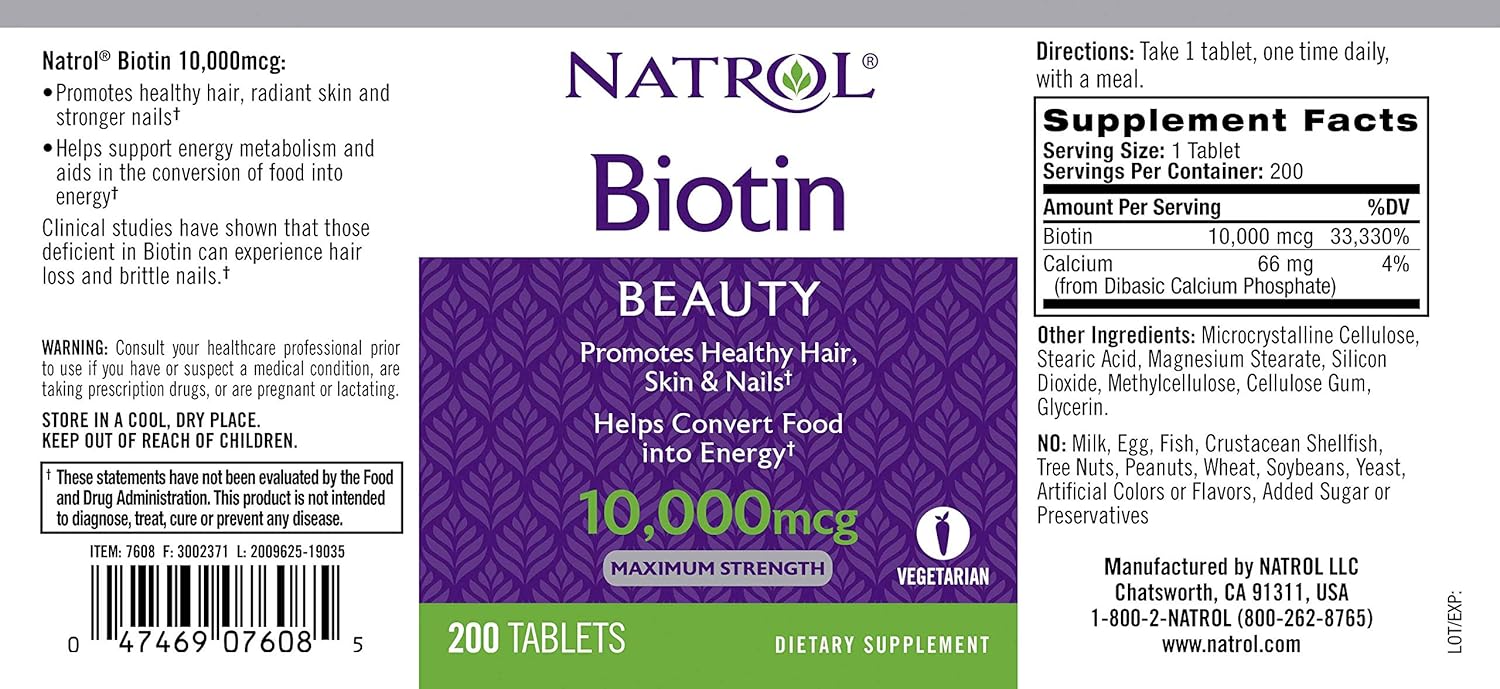 Natrol Biotin Beauty Tablets, Promotes Healthy Hair, Skin & Nails, Helps Support Energy Metabolism, Helps Convert Food Into Energy, 10,000mcg, 60Count, Strawberry: Health & Personal Care