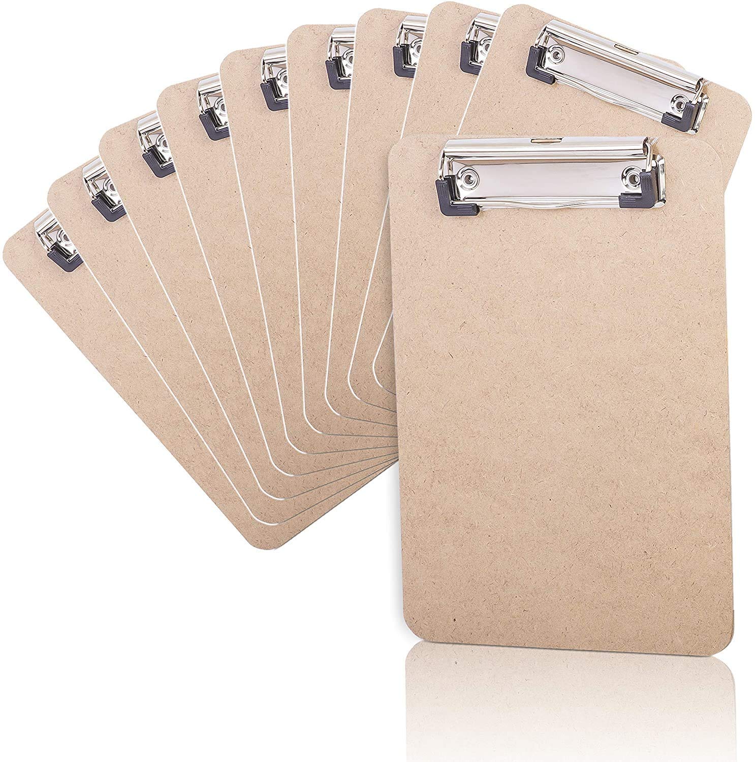 KAV Clipboards 10 Pack, Low Profile Clip Hardboard with Sturdy Spring Grip & Concealed Hanging Hole, Durable Wooden Clip Boards for Office Work NHS SCHOOL (A5)