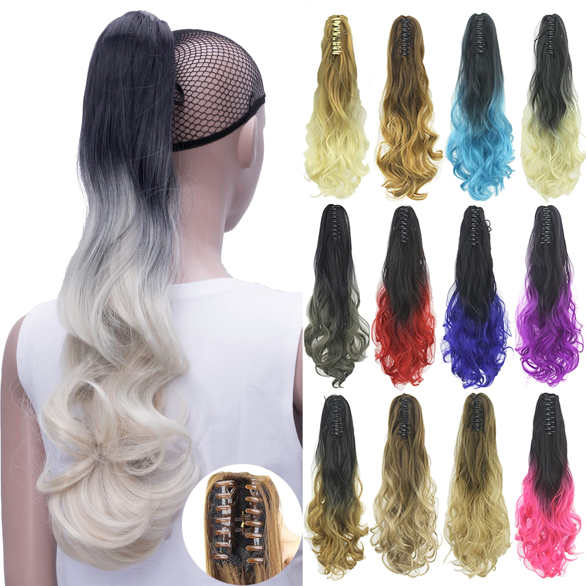 IMISSU Curly Ombre Color Claw Ponytail Hair Extensions Pony Tail Clip in Hairpiece (Ombre Blonde)