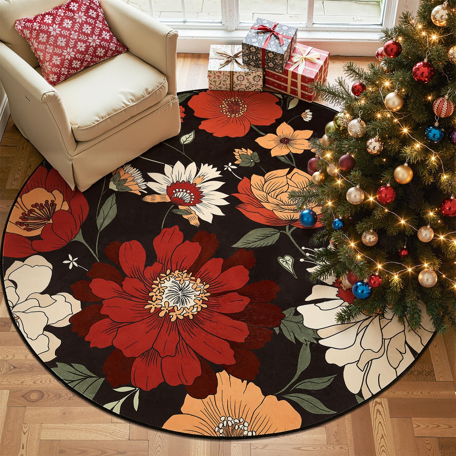 Photo 1 of jinchan Lora Black Round Rug 7ft Vintage Floral Area Rugs for Living Room - Washable Rug Soft Non-Slip Indoor Boho Flower Print Circle 7' Round Accent Christmas Carpet for Bedroom Home Office