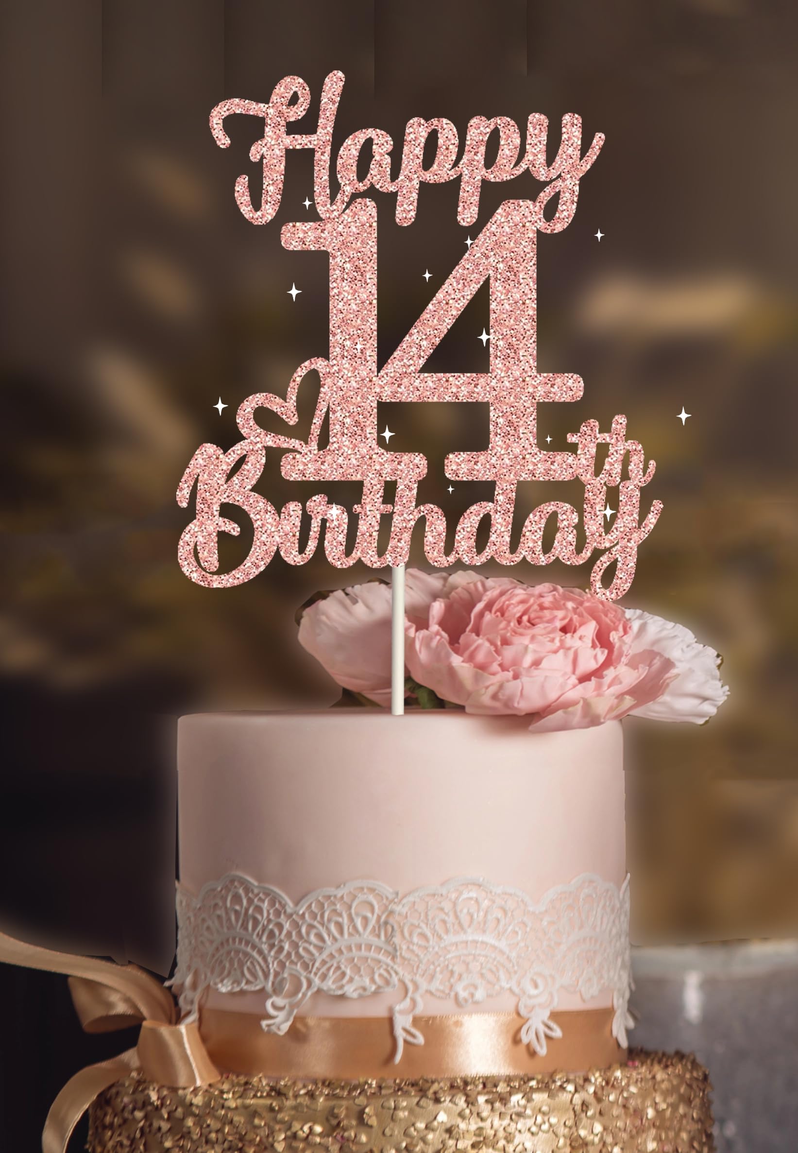 Photo 1 of 14th Birthday Cake Topper - Double Sided Rose Rose Gold Glitter, Happy 14th birthday Cake Topper for girls,14 Cake Topper For girls, 14th birthday decorations,14th Birthday Cake Topper Fourteen