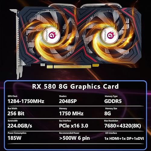 AMD RX 580 8GB Graphics Card, 2048SP 1284MHz GDDR5 256bit Radeon