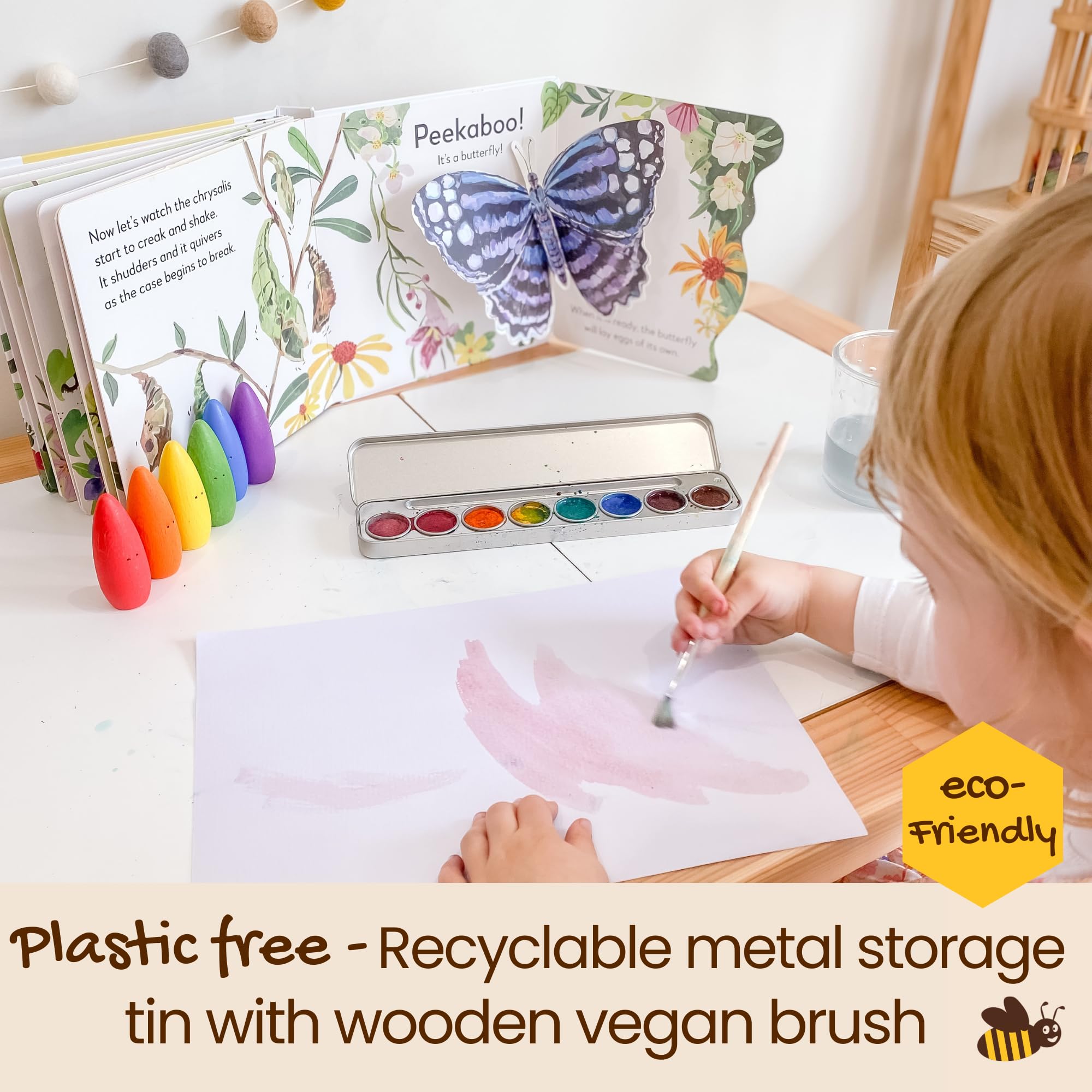 Honeysticks Non-Toxic Watercolor Paint Set for Kids and Toddlers - 8 Vibrant and Long Lasting Colors with Brush - Natural and Food Grade Ingredients - Child Safe Art Supplies - Great Gift Idea