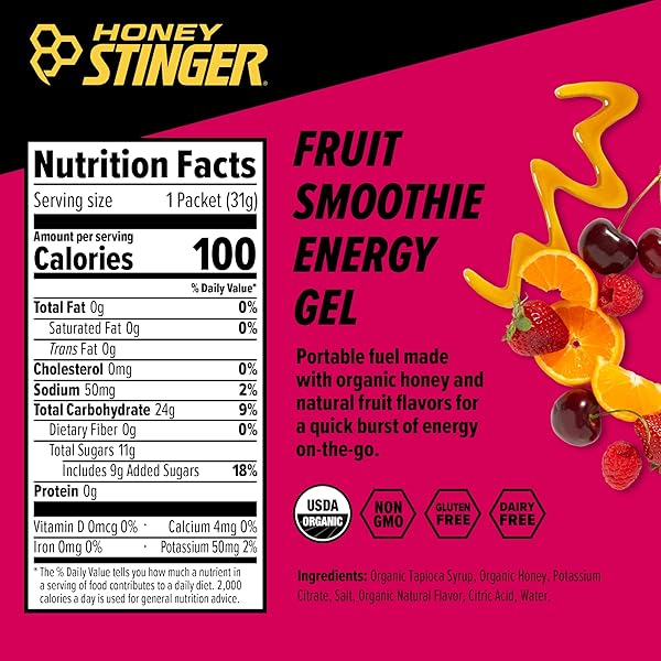 HONEY STINGER ORGANIC FRUIT SMOOTHIE ENERGY GEL, GLUTEN FREE & CAFFEINE FREE, FOR EXERCISE, RUNNING AND PERFORMANCE, SPORTS NUTRITION FOR HOME & GYM, PRE AND MID WORKOUT, 12 PACK, 13.2 OUNCE