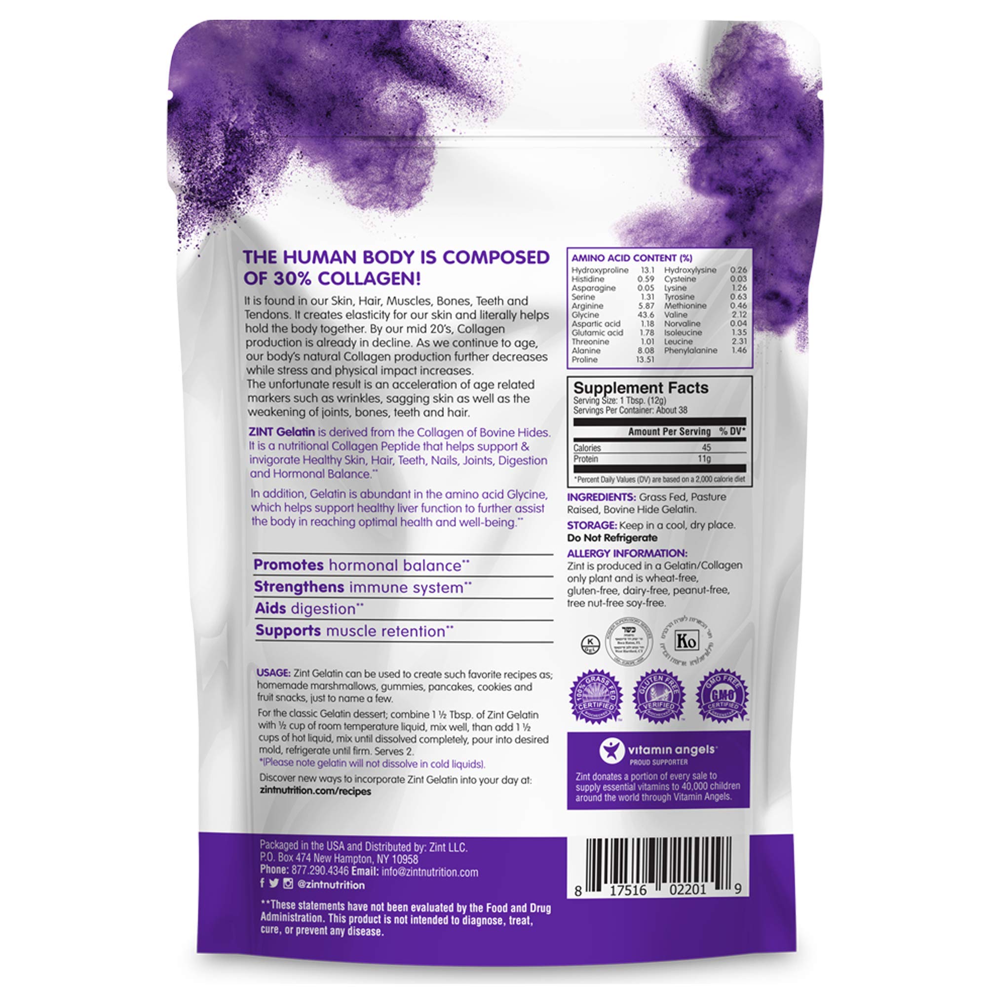 Zint Beef Gelatin Powder (16 oz) Unflavored, Keto Certified, Paleo