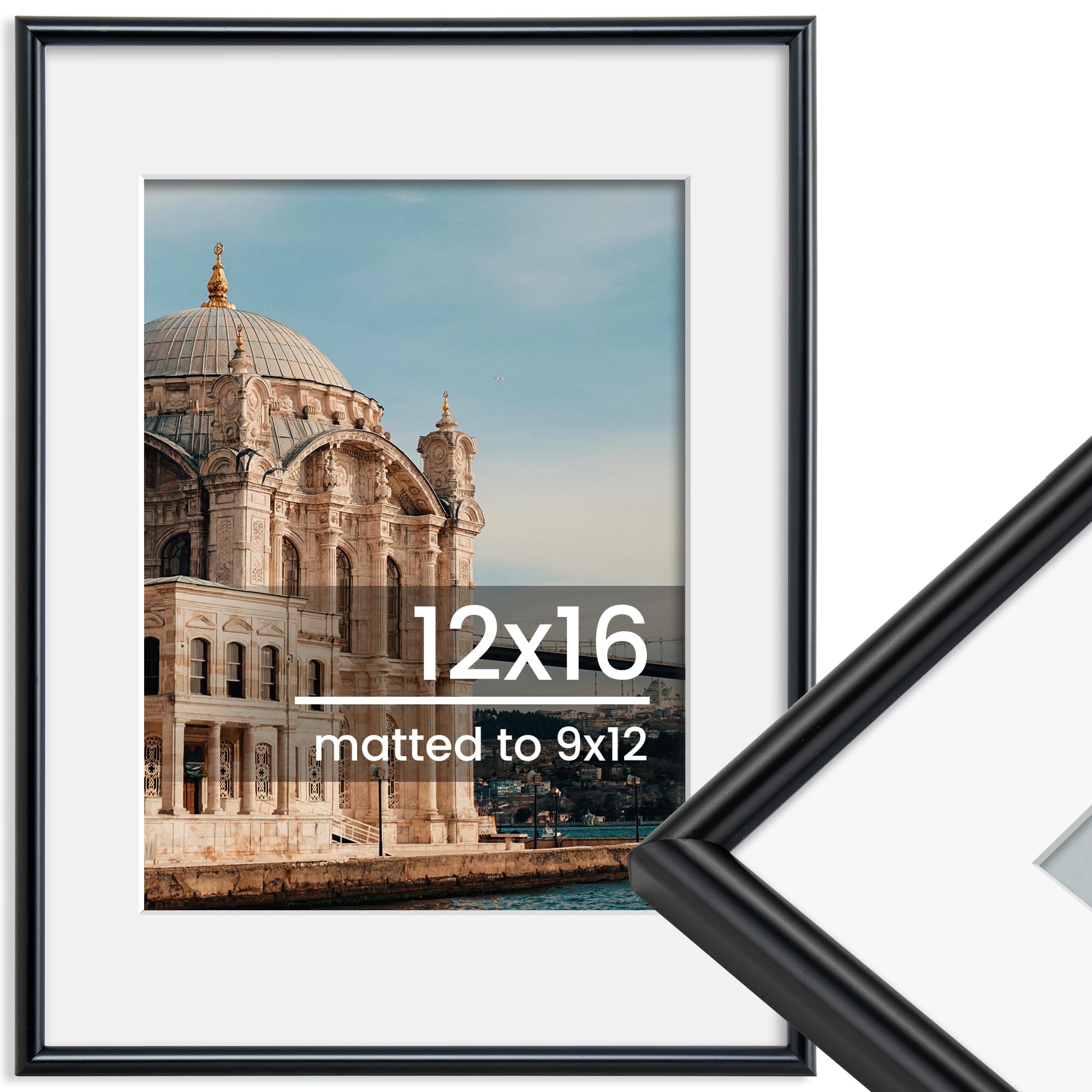 Photo 1 of **DAMAGED**FLYJOE 12x16 Picture Frame, Display Pictures 9x12 with Mat or 12x16 Without Mat, Wall Hanging Photo Frame, Black, 1 Pack