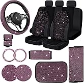 Jusen 17 Pack Bling Car Seat Covers Set, Diamond Accessories Rhinestone Crystal Steering Wheel Cover, Velvet Breathable (Pink, Half Part Bling)