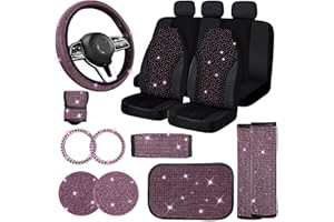 Jusen 17 Pack Bling Car Seat Covers Set Car Diamond Accessories Rhinestone Crystal Steering Wheel Cover, Bling Velvet Breathable (Pink, Half Part Bling)