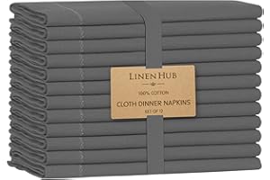 COTE DE AMOR Linen Hub Set of 12 Cloth Dinner Napkins Hemstitch 100% Cotton 18x18 Soft Absorbent Restaurant Hotel Quality, Cocktail Napkins, Wedding Dinner Napkins, Washable Cloth Napkins Dark Grey