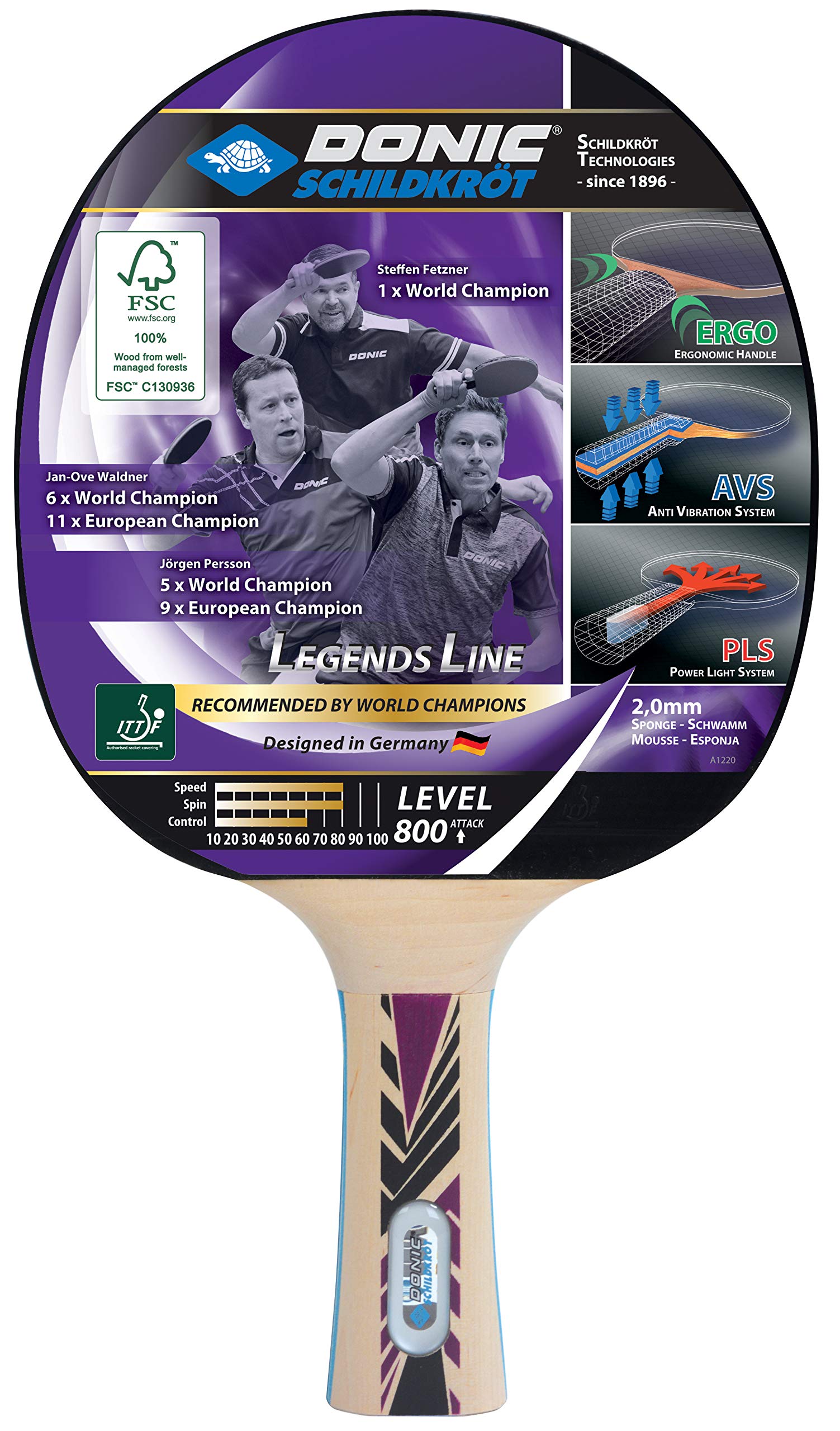 Donic-Schildkröt Legends 800 FSC Table Tennis Bat, AVS, PLS & Ergo-Grip, 2.0 mm Sponge, FSC Wood, Champion - ITTF Rubber, 754425