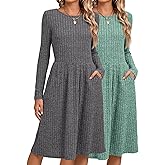 Riyiper 2 Pack Women's Long Sleeve Sweater Dress Ribbed Pleated Casual Round Neck Knee Length Dress with Pocket