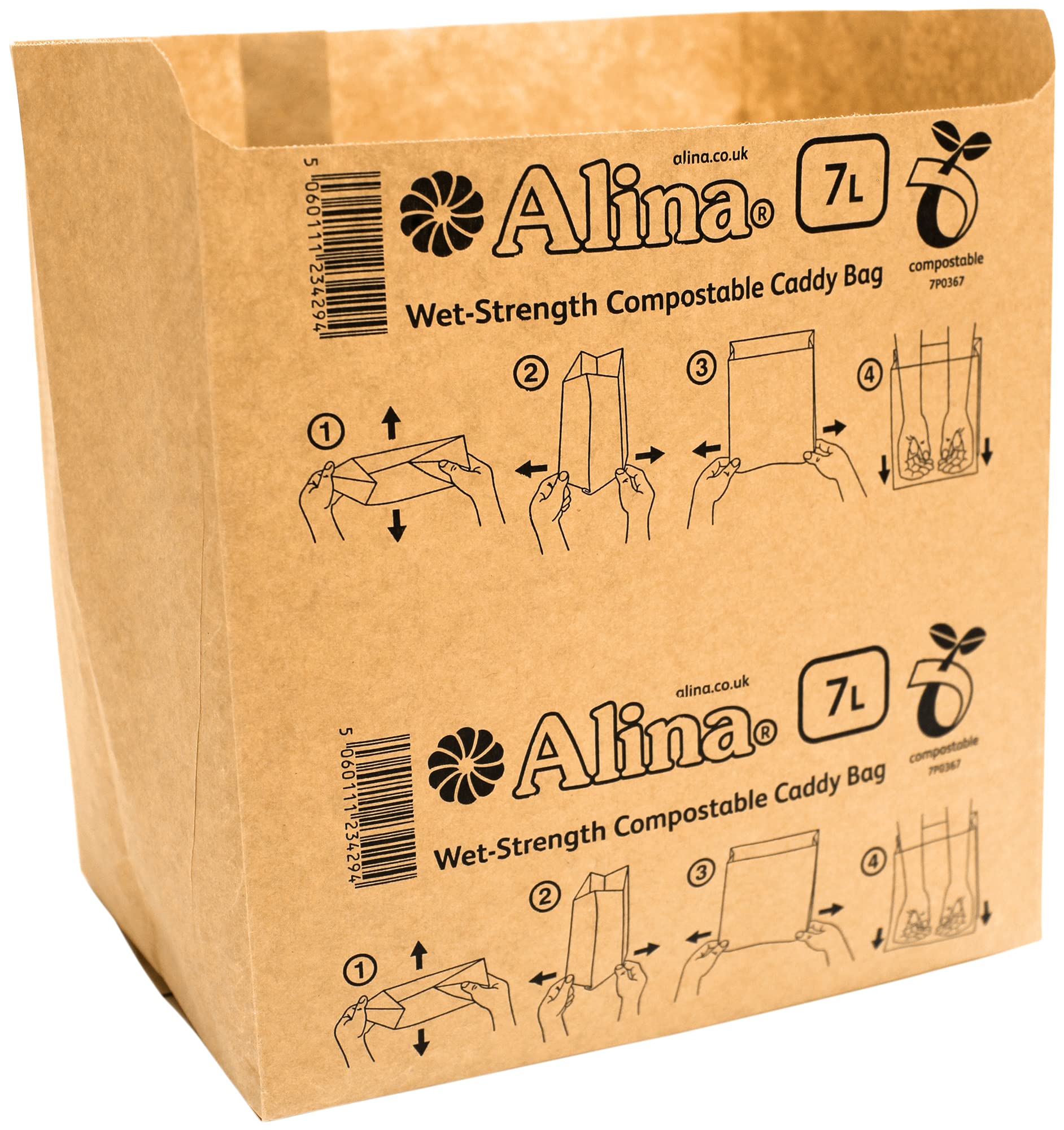 50 x Alina 6L to 8L Compostable Paper Caddy Bin Bag/Food Waste Bin Liner/Biodegradable Brown 7 Litre Paper Sack (50 bags)