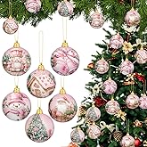 Eaasty 18 Pcs Vintage Christmas Ornaments 2.36 Inch Christmas Tree Ornaments Ball Vintage Xmas Decoration Santa Claus Snowman Balls for Fireplace Holiday Party Favors(Pink,Cute Style)