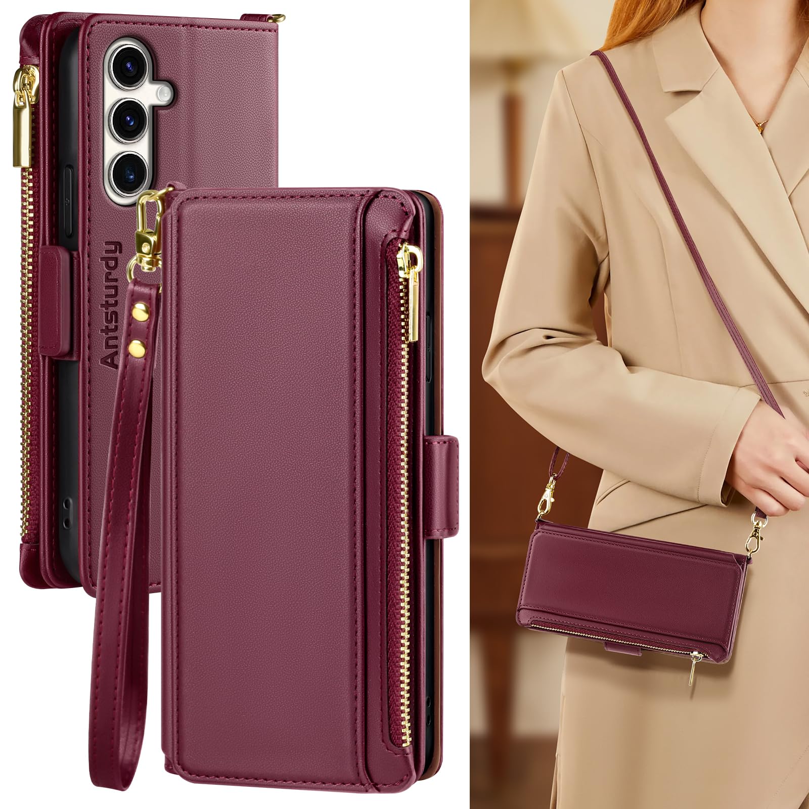 Antsturdy Compatible with Samsung Galaxy S25 Plus Wallet Case for Women【RFID Blocking】 Crossbody Phone Case PU Leather Zipper with Wrist Strap Flip Cover Credit Card Holder for S25 Plus,Wine Red